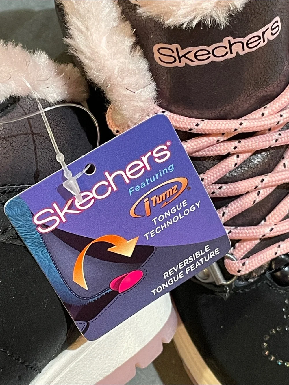 NEW Skechers Girls 11 Black Pink Suede Lace Up Boots Faux Fur Lined